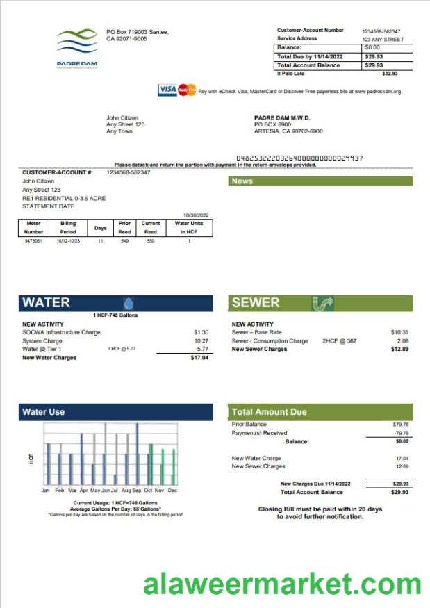 USA California Padredam utility bill template in Word and PDF format